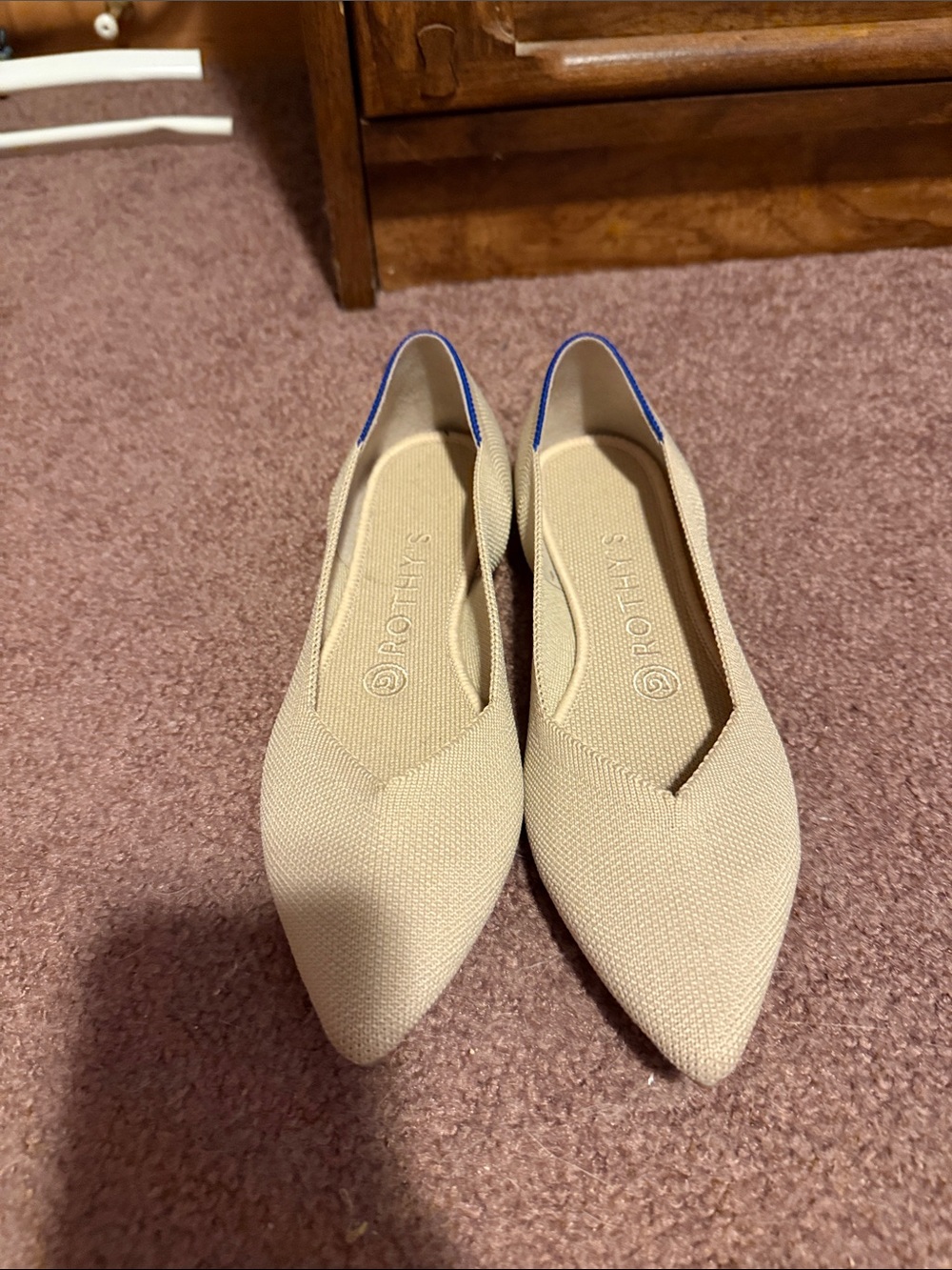 Rothy's Beige Pointed-Toe Flats with Blue Trim